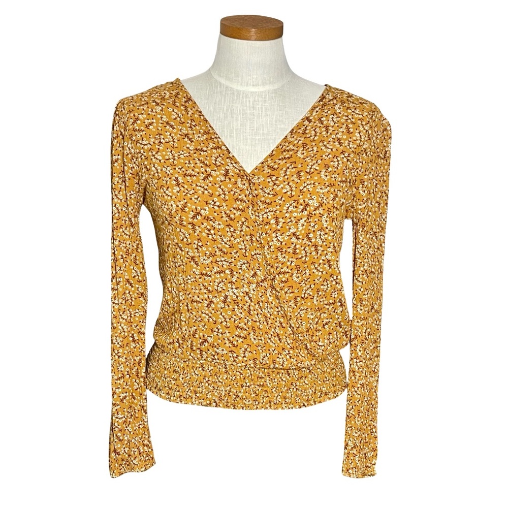 Hippie Rose Pullover V-neck Orange Floral Smocked Waist Long Sleeve Blouse SzS